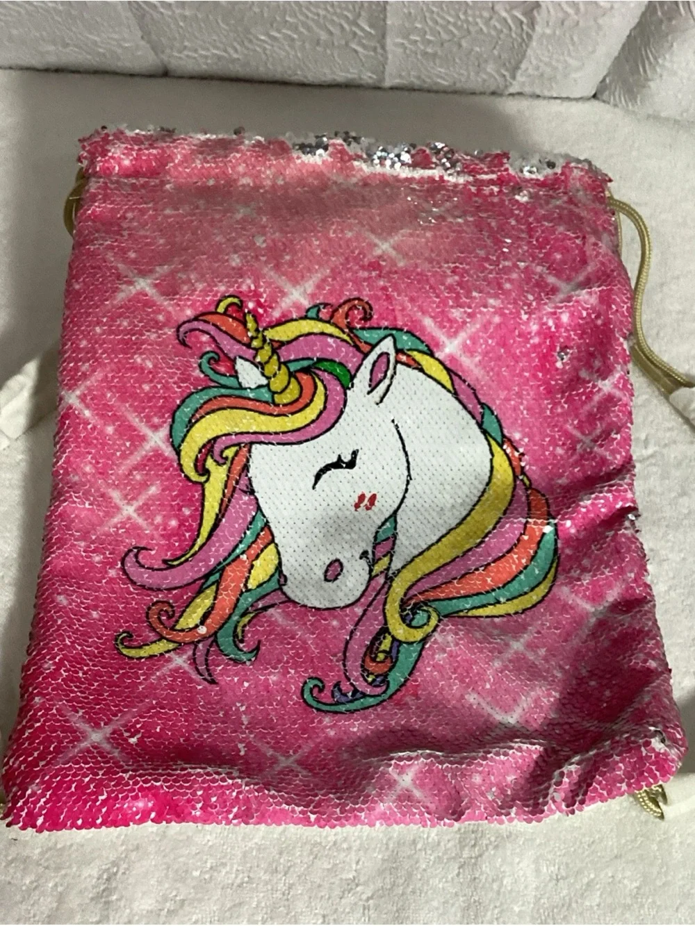 Unicorn Sparkly Sequin Quality Drawstring Large Backpack Bag Pouch